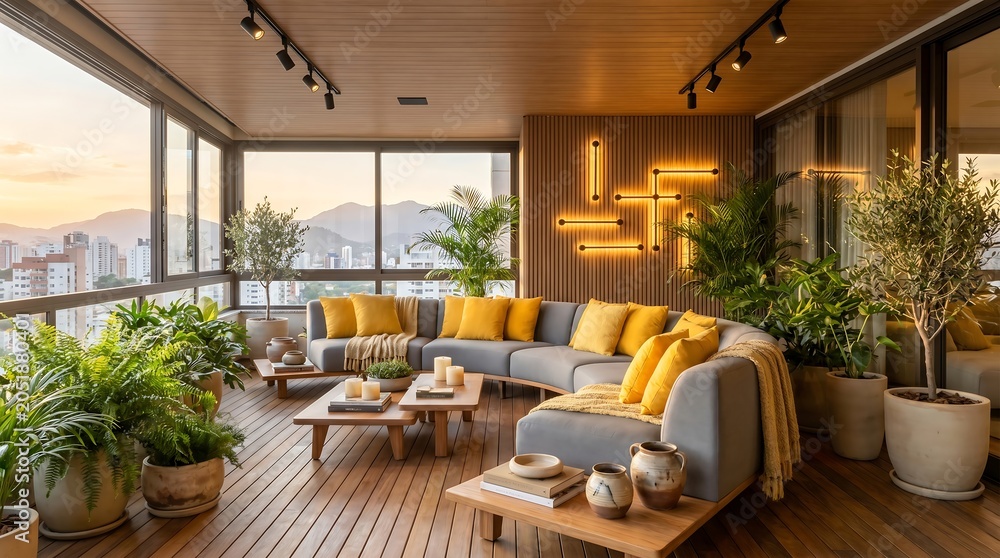 Fototapeta premium Modern luxury balcony with curved sofa, wooden deck, and city mountain view
