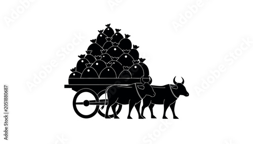 Ox Cart With Grain Sacks Silhouette Illustration