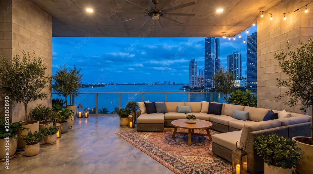 Obraz premium Modern luxury balcony terrace overlooking miami skyline at twilight