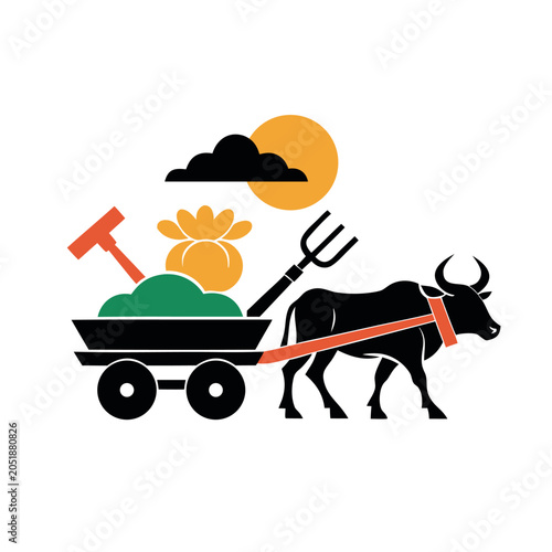 Sunrise Farming Ox Cart Silhouette Vector Scene