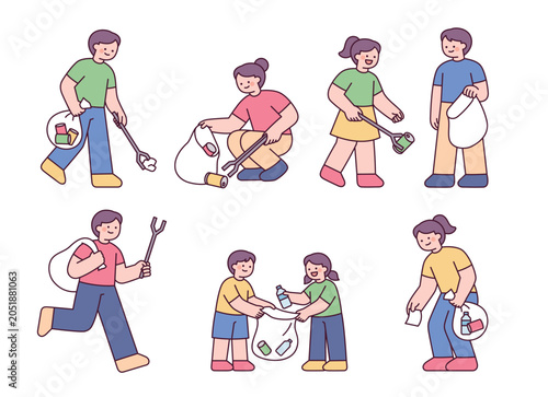 People collecting litter and recycling waste during a plogging activity in a flat vector style.