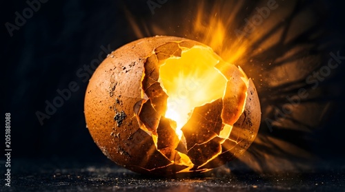 A textured brown egg cracks open to unleash a radiant, fiery light from within, serving as a powerful metaphor for the dramatic breakthrough of inner potential and new beginnings.