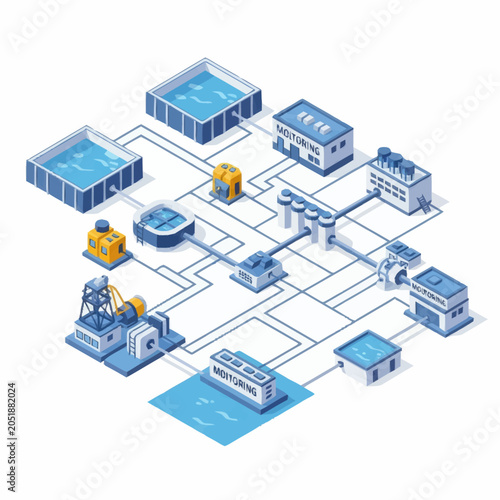 Foto Industrial complex with interconnected buildings and water reservoirs