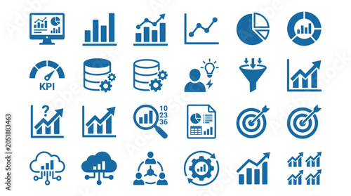 Business infographic icons on white background.
