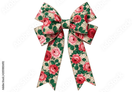 Christmas bow with red and green floral pattern