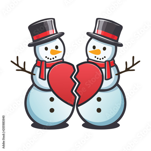 Two snowmen holding a broken heart