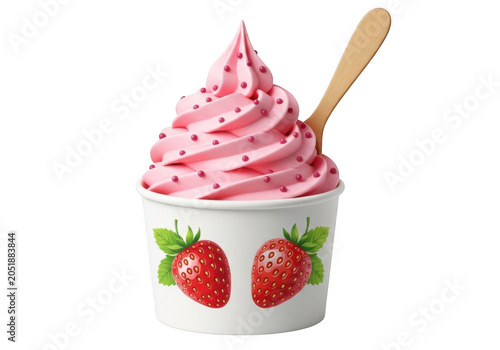 Pink soft serve ice cream with strawberries in a cup