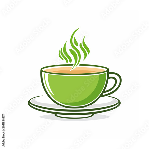 Green tea cup with steam on saucer, flat design icon