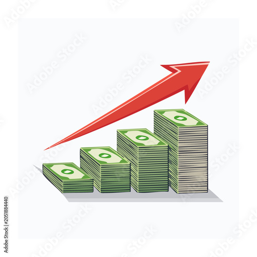 Illustration of money stacks growing with a red arrow