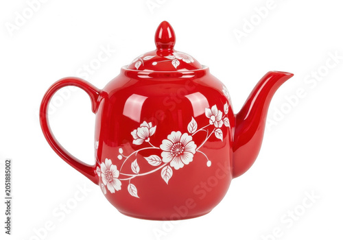 Red teapot with white floral design