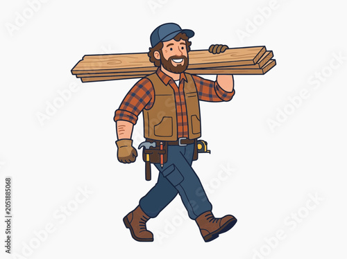 A smiling handyman carrying wood planks on his shoulder, wearing a tool belt and work clothes