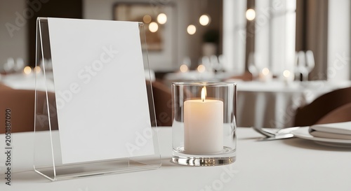 Blank white table tent with a lit candle on a restaurant table, ready for custom branding or menu display.