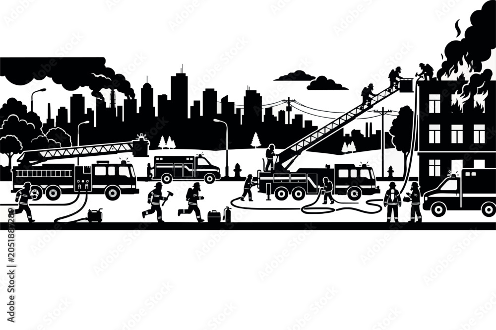 Obraz premium Urban Fire Emergency Response Vector Illustration