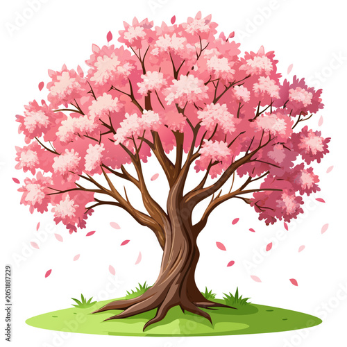 Pink flowering tree with green grass and falling petals vegetation botanical colorful deciduous delicate illustration landscaping planting seasonal