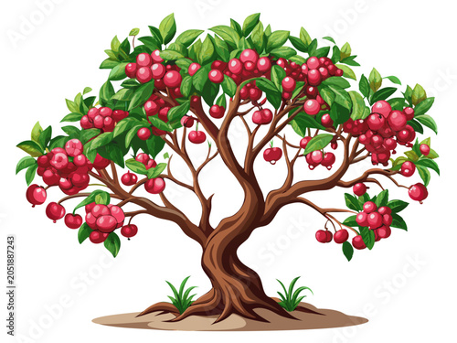 Illustration of a cherry tree with ripe red cherries and green leaves vitamin c cherries branches illustration delicious botanical antioxidant vitamin c healthy eating