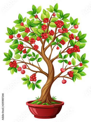Illustration of a potted bonsai tree with red berries and green leaves tree care ornamental miniature deciduous botanical planting vegetation colorful landscape seasonal