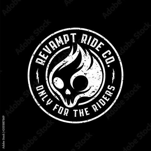 Revampt Ride Co Vintage Skull Flame Badge Logo for Motorcycle Riders and Custom Garage Branding