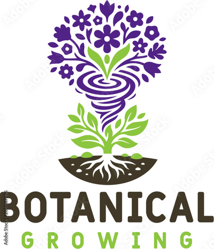 Botanical Growing Logo with Floral Tornado, Root System and Organic Nature Branding Concept