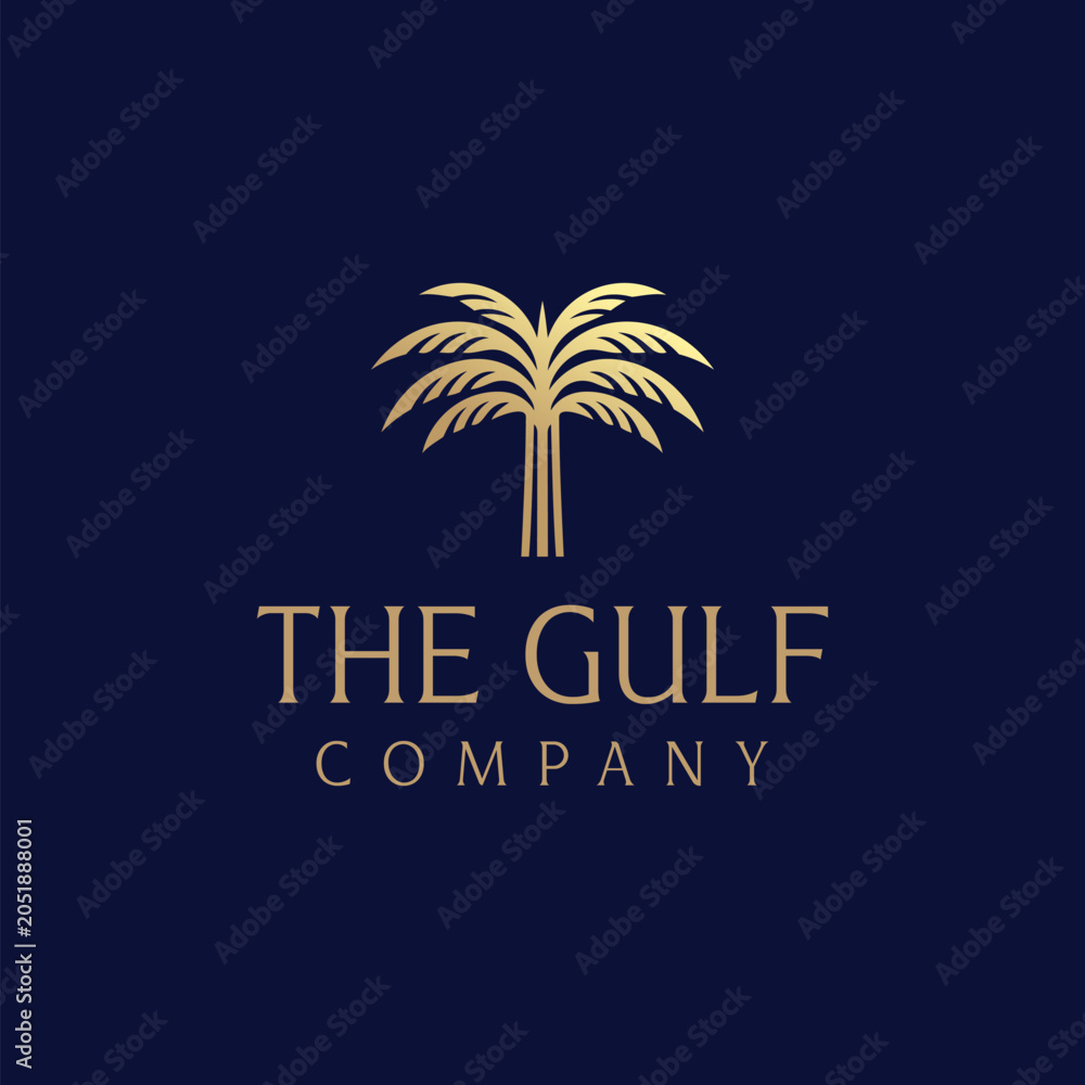 Obraz premium The Gulf Company Premium Palm Tree Logo with Elegant Gold and Navy Corporate Branding