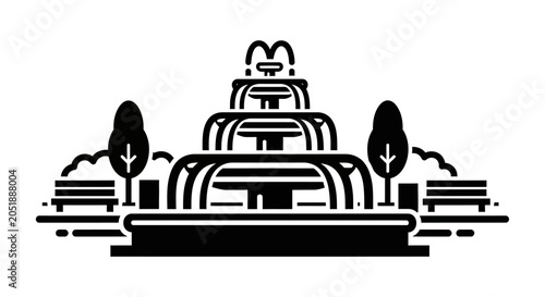 Foto Stylized Fountain and Park Benches, Black and White Icon