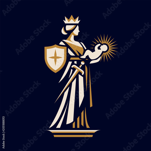 WICK Guardian Queen Emblem Logo with Shield Sword and Child Symbol in Classical Heraldic Style