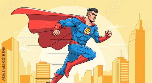 Photography Superhero Running Through Cityscape, Dynamic Action Pose, Red Cape Flying