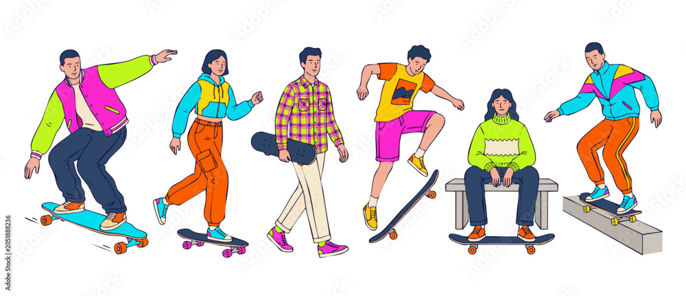 Fototapeta premium Skateboarders vector illustration group riding, posing and performing street tricks in colorful retro casual streetwear outfits, active teenager lifestyle concept graphic design elements isolated on w
