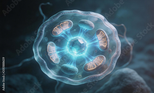 Microscopic view of a biological cell structure with glowing nucleus and mitochondria, cell biology and biotechnology concept, 3d rendered illustration