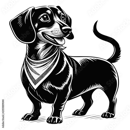 Happy dachshund dog silhouette with bandana standing proudly isolated on white background