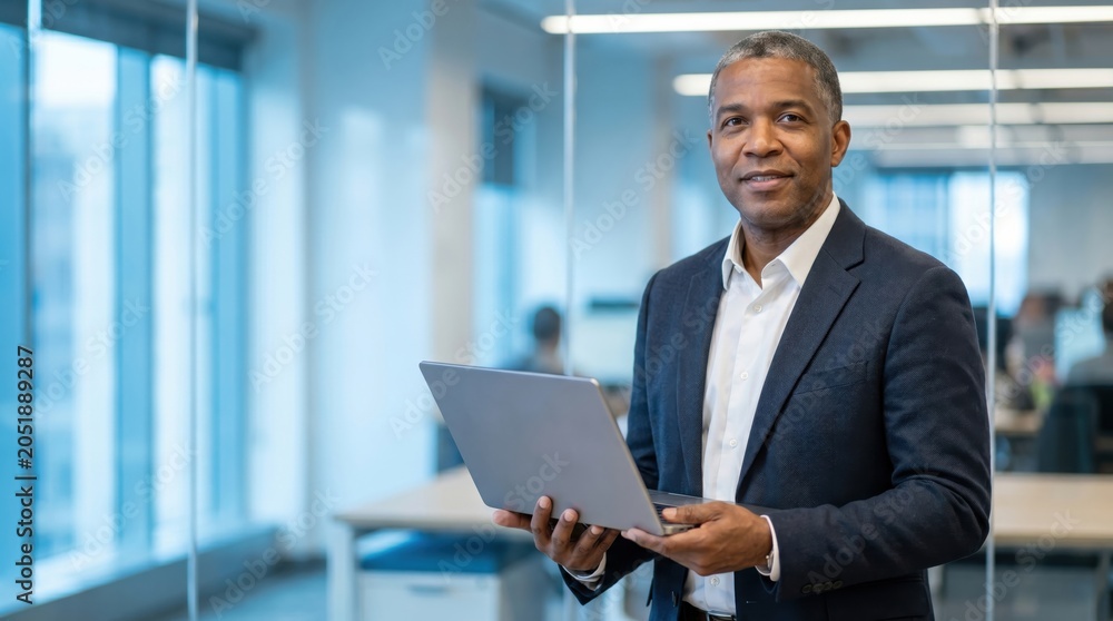 Fototapeta premium Confident African American businessman holding laptop in modern office environment.