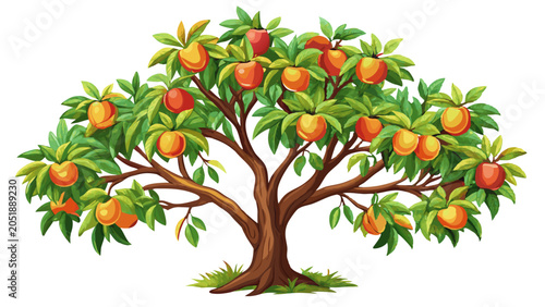 A illustration of a peach tree with ripe fruits and lush green leaves fruit tree summer fruit vitamin c vitamin a healthy eating healthy food