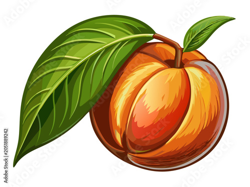 Single ripe peach with leaf isolated on white background stone fruit summer fruit tree fruit illustration fruit drawing fruit vector fruit clipart fruit icon