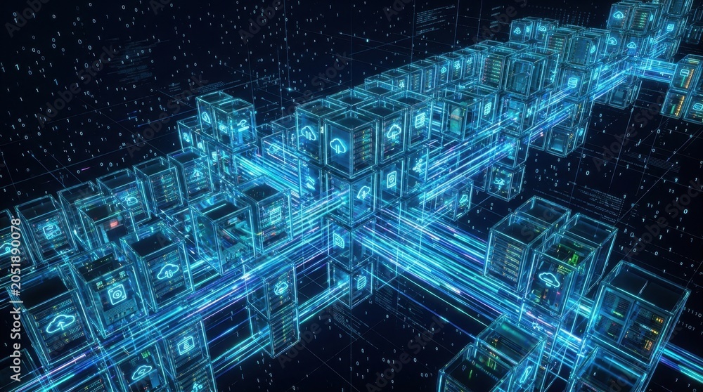 Fototapeta premium Cloud Computing and Big Data Infrastructure Concept: Futuristic Digital Network with 3D Server Cubes and High-Speed Data Transfers in a Virtual Space