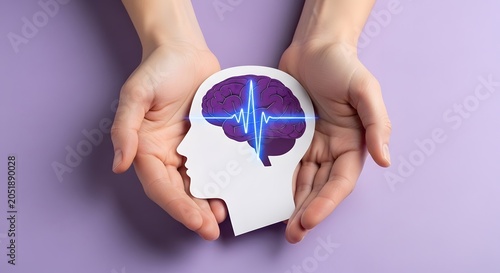 Mental health care concept. Hands holding paper head with brain and glowing pulse line.