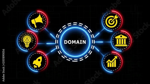 Digital marketing domain concept showing glowing business icons in motion graphic.