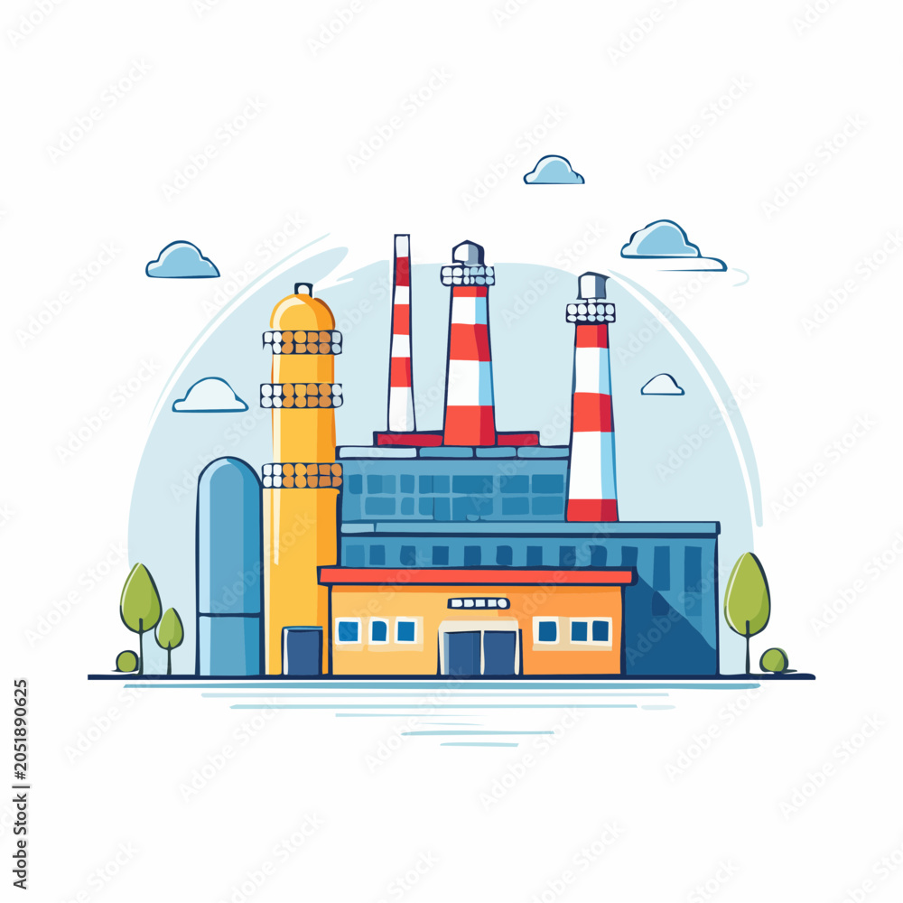 Naklejka premium Industrial Factory Building with Smokestacks and Chimneys