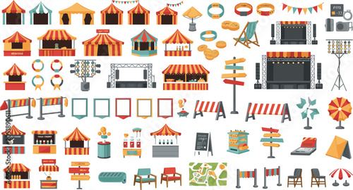 Outdoor music festival and carnival event elements set featuring concert stages food stalls market tents barriers and lighting equipment for commercial entertainment marketing material