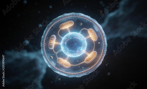 Microscopic view of an animal cell structure with cell membrane and glowing mitochondria in organic environment, 3d rendered illustration