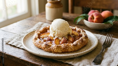 Homemade peach galette with a scoop of vanilla ice cream on a rustic wooden table
