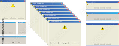Error Message Cascade: Multiple computer error message windows pop up, creating a chaotic and overwhelming digital interface. The urgent yellow warning symbol indicates a problem needing attention.