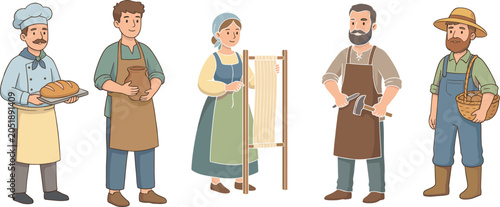 Canvas Print Traditional artisan professions illustration set featuring baker potter weaver b