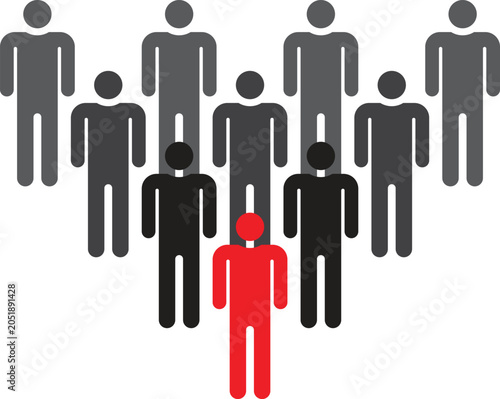 Foto Leadership and Team Dynamics: A striking graphic representation of a team with one distinct red figure leading a group of grey figures, symbolizing leadership, individuality, and group cohesion