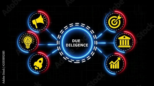 Business due diligence concept animation with neon icons on a dark digital grid.
