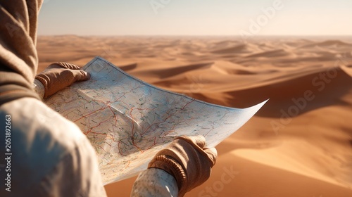 Person in desert holding map exploring vast sand dunes on sunny day