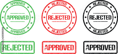 Bild auf Leinwand Approved and Rejected Stamps: A set of official rubber stamps in green, red, and black, clearly marking documents as either Approved or Rejected