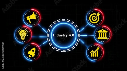 Industry 4.0 digital infographic animation with neon glow interface and icons.