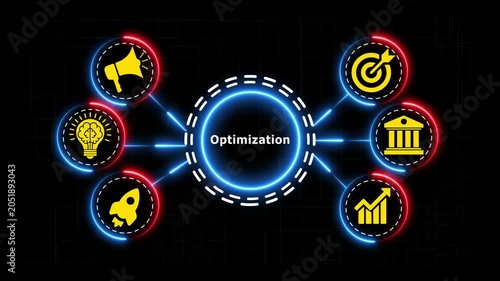 Optimization process with six rotating icons and central glowing ring on dark background.