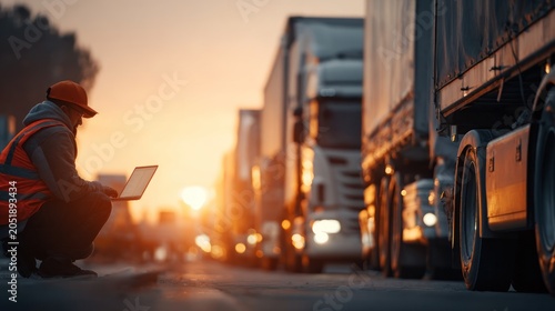 Truck driver inspects cargo trucks using laptop computer at sunset