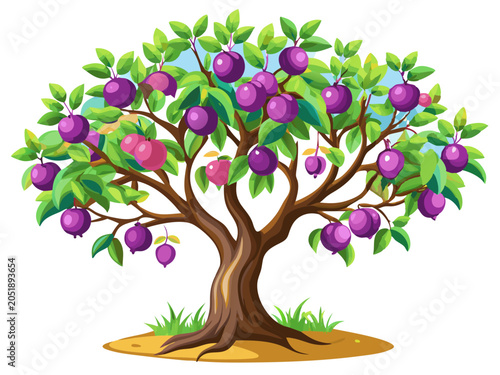 Illustration of a tree with purple and pink fruits and green leaves fruit tree illustration vegetation biodiversity botanical seasonal agriculture cultivate sustainable