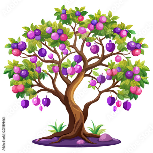 Colorful fruit tree with purple and pink fruits and green leaves plum tree fruit bearing bear fruit illustration cartoon tree cartoon berries cartoon branches